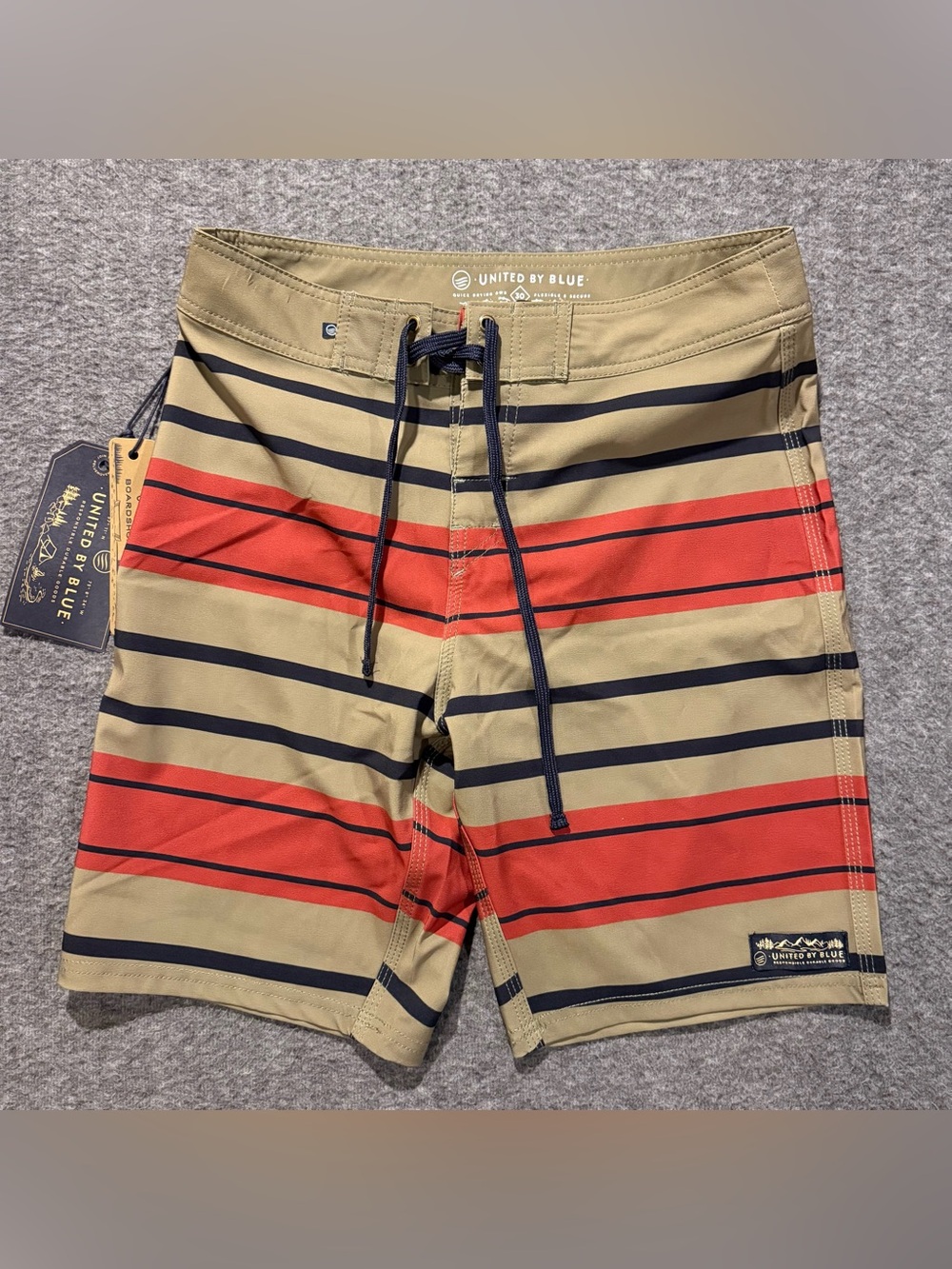 United By Blue Swim Boardshorts Mens 30 Striped Performance 9" tan orange